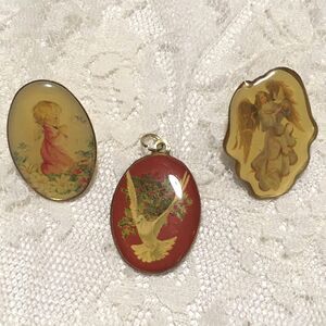 Vintage Victorian Style Christmas Pins and Pendant, Set of 3, Dove & Angels